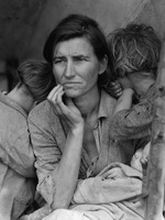 Dorothea Lange's Migrant Mother depicts destitute pea pickers in California, centering on Florence Owens Thompson, a mother of seven children, age 32, in Nipomo, California, March 1936. The photo was to symbolize the Great Depression for many Americans